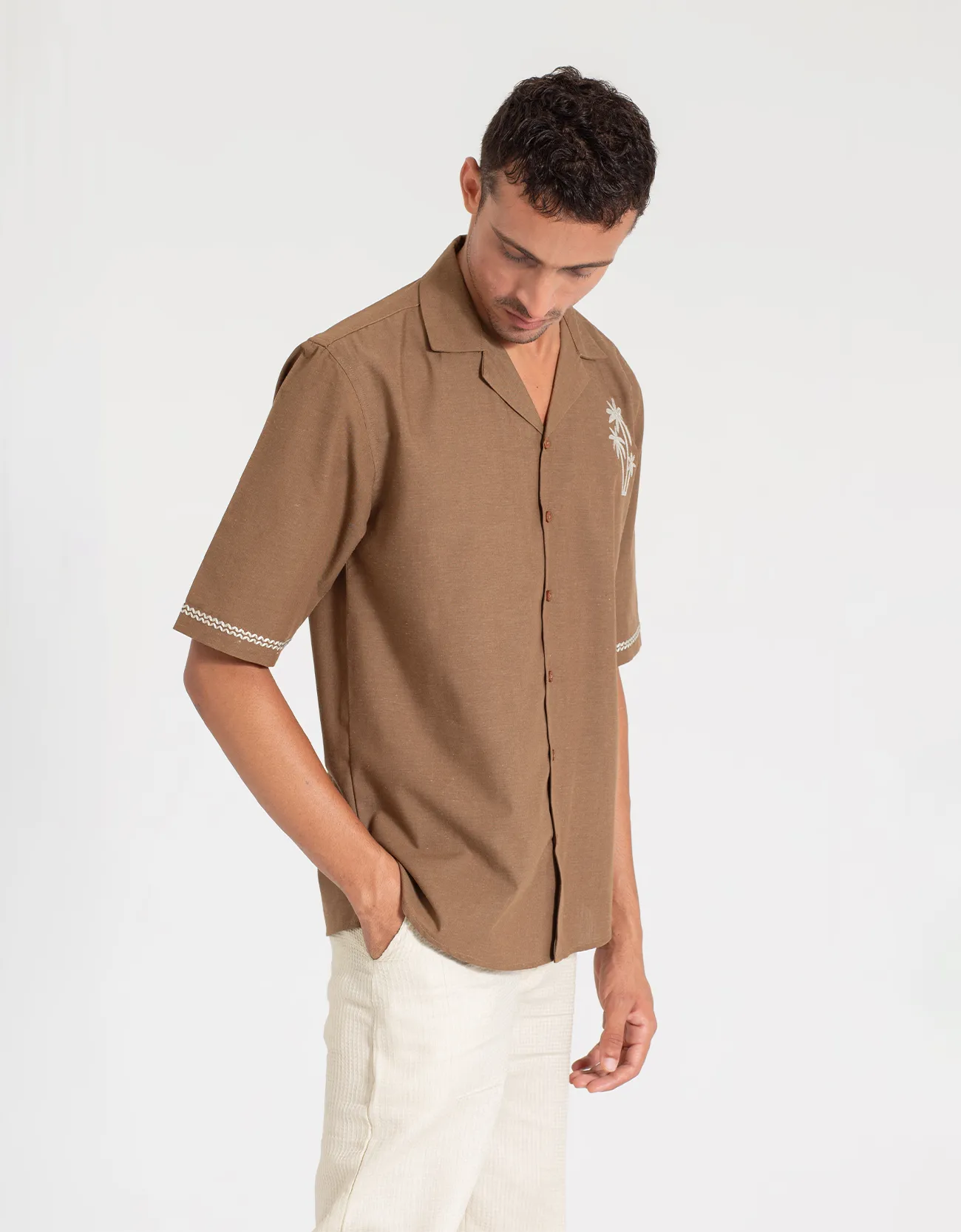 EMBROIDERY CAMP COLLAR IRISH LINEN SHIRT