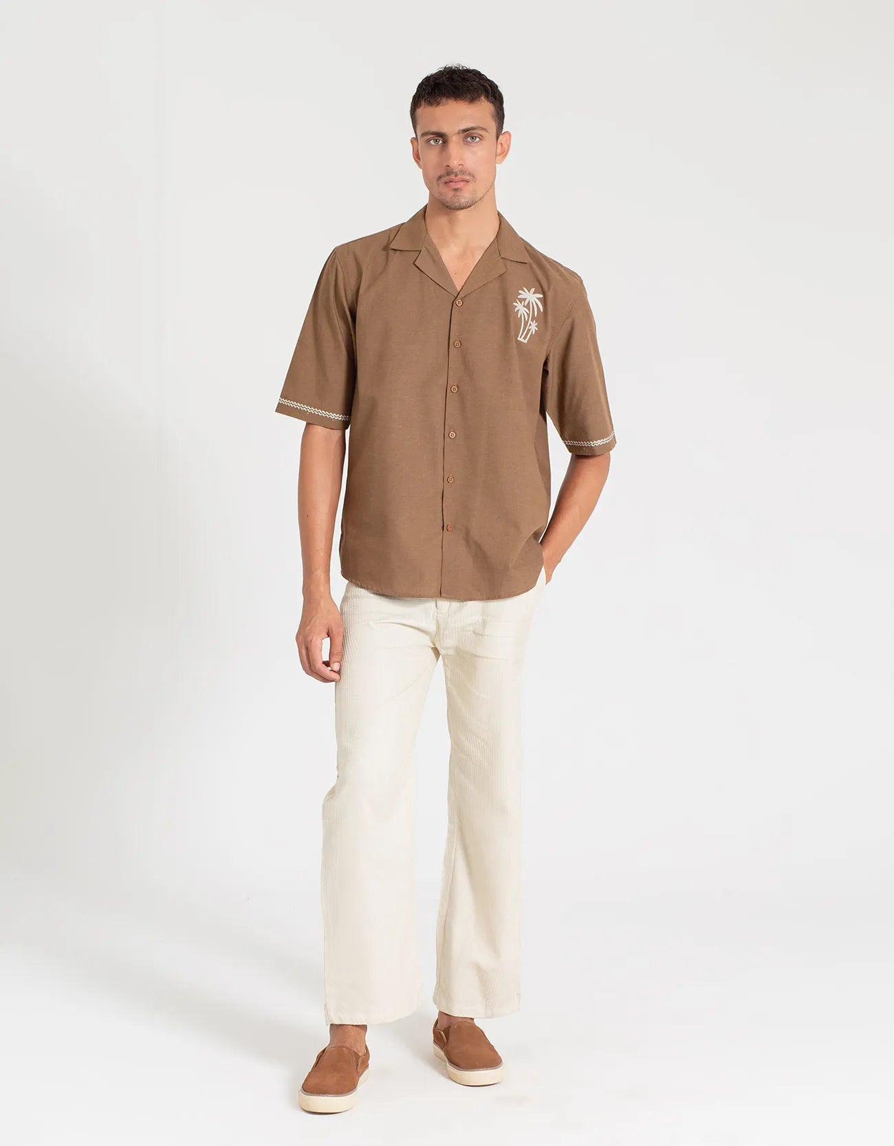 EMBROIDERY CAMP COLLAR IRISH LINEN SHIRT