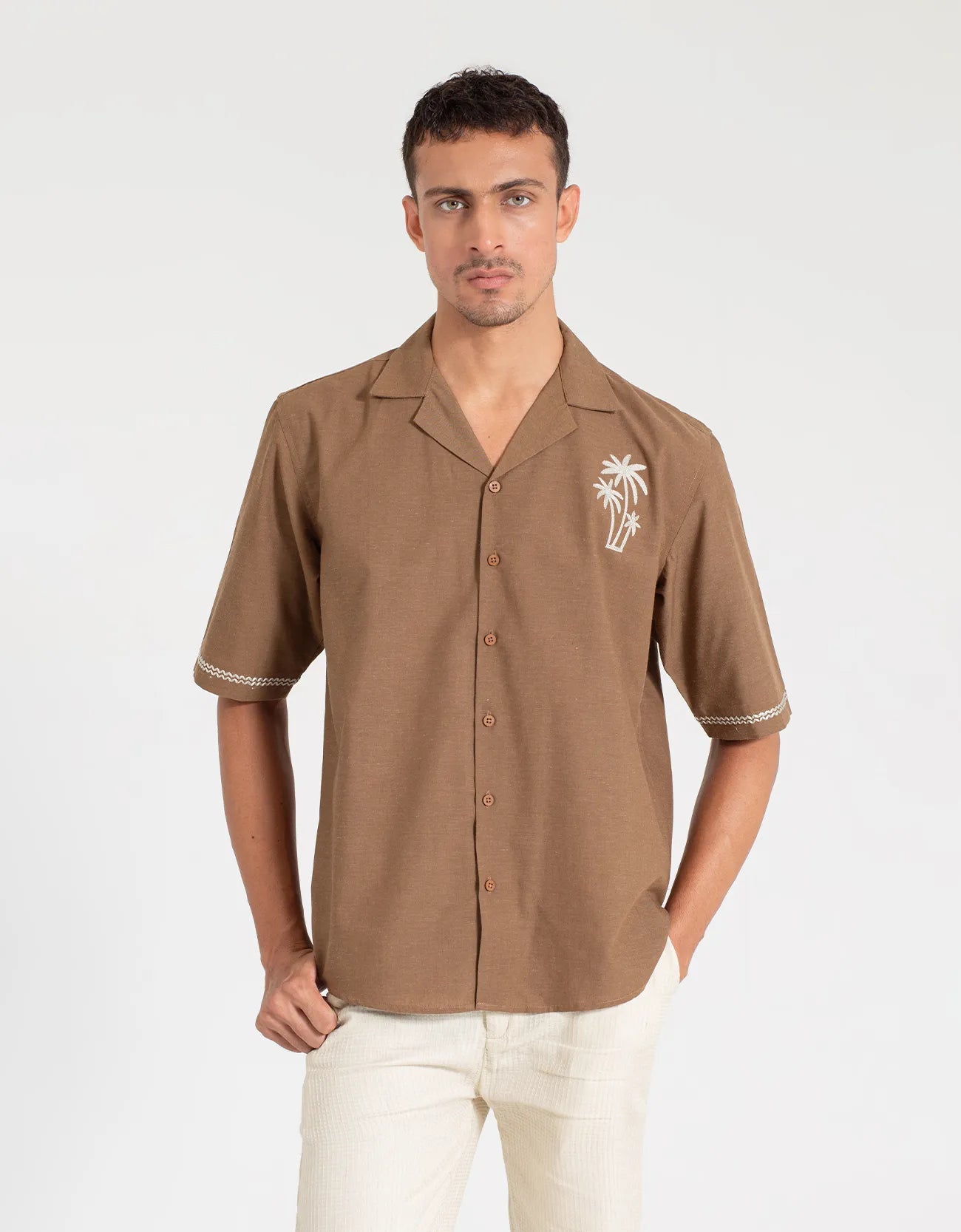 EMBROIDERY CAMP COLLAR IRISH LINEN SHIRT