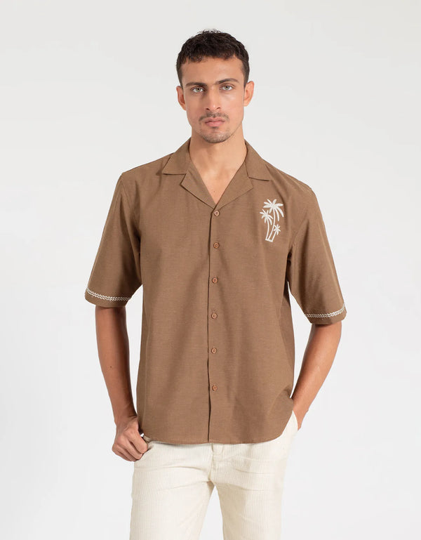 EMBROIDERY CAMP COLLAR IRISH LINEN SHIRT