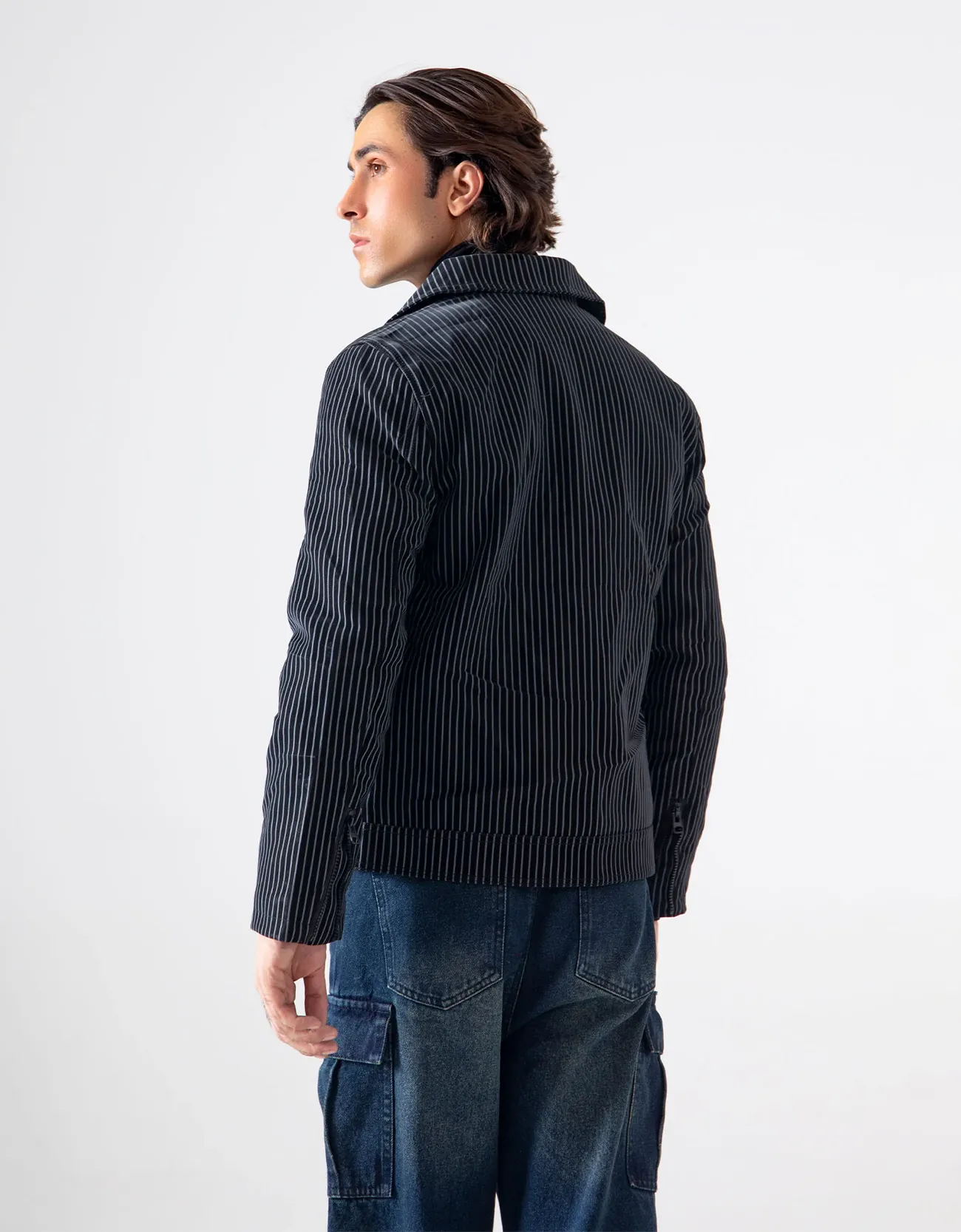 STRIPED FAUX LEATHER ZIPPER JACKET