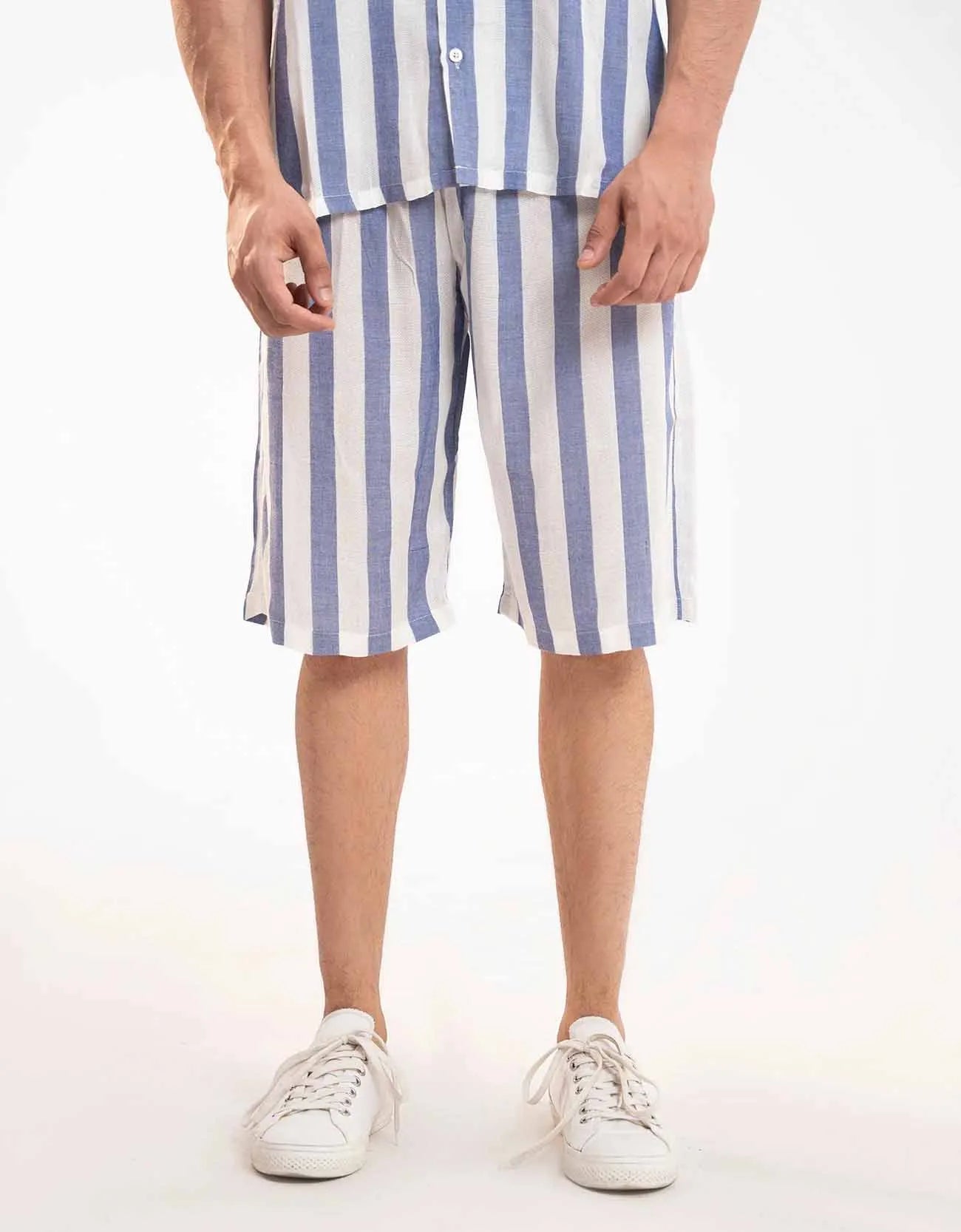 TEXTURED STRIPED-COTTON SHORTS