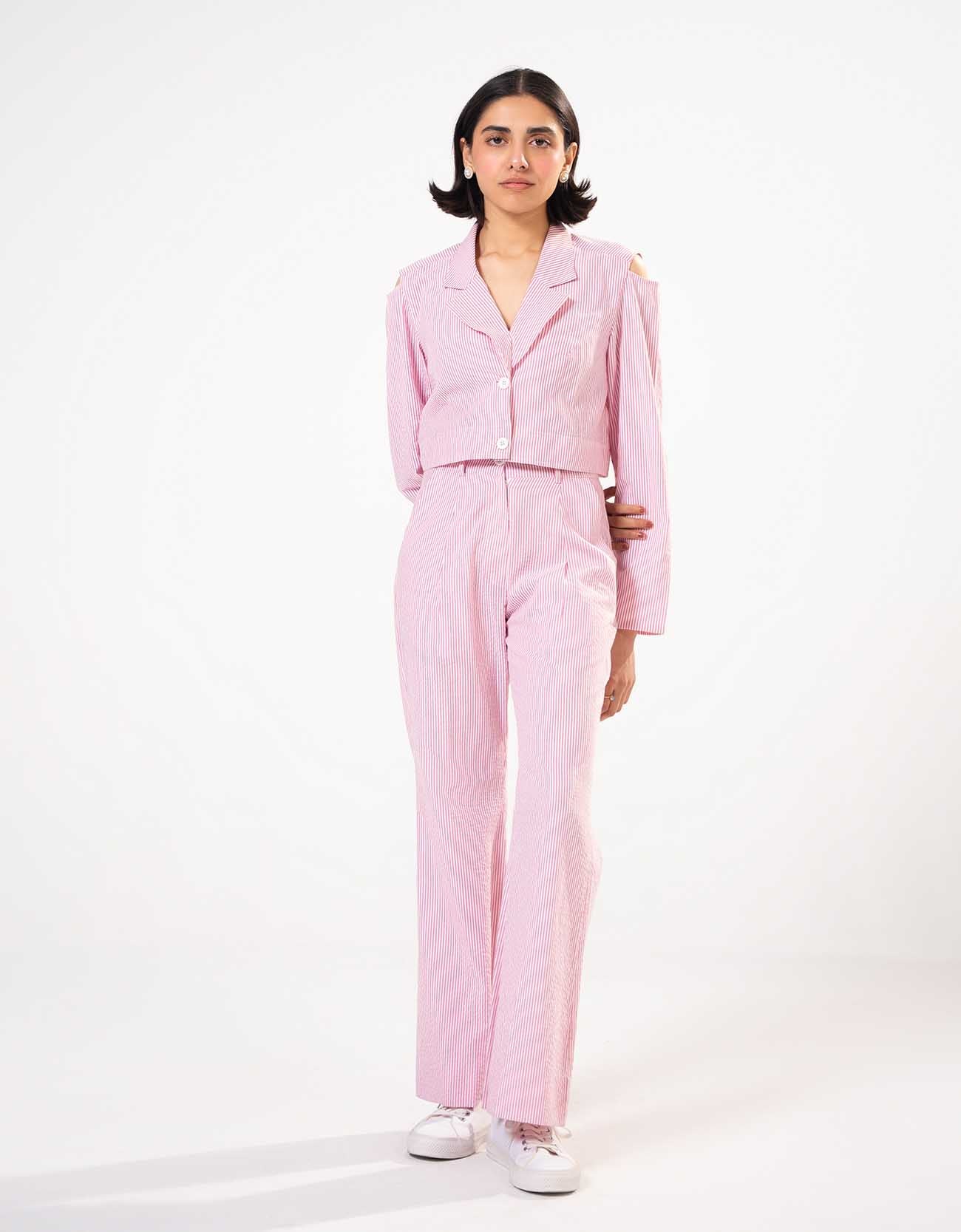 TEXTURED STRIPED CROPPED BLAZER