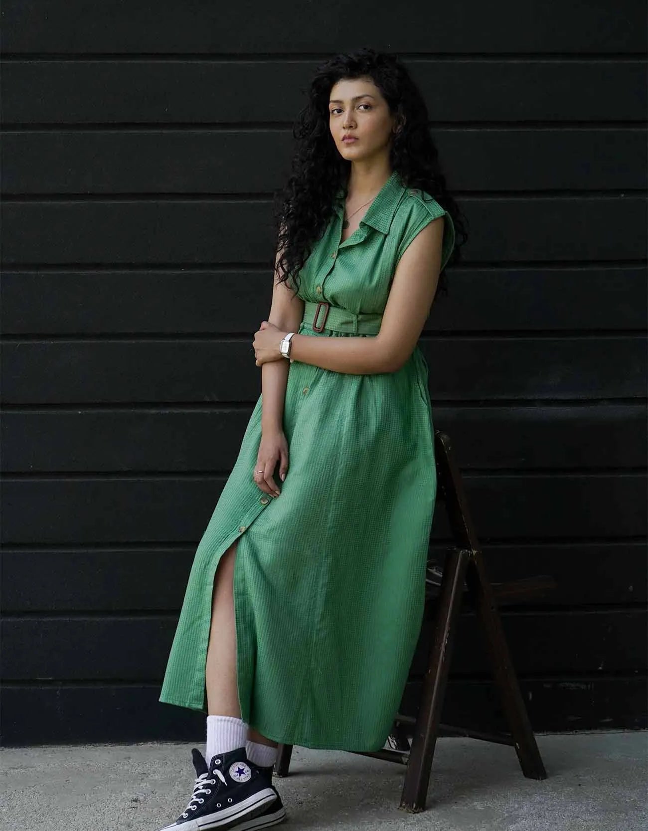 TEXTURED BUTTON DOWN DRESS