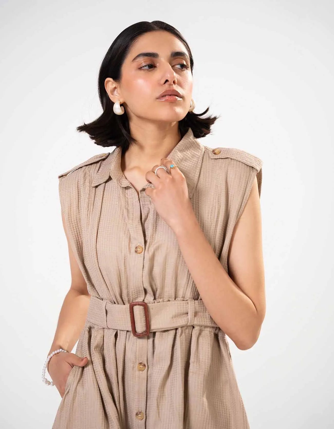 TEXTURED BUTTON DOWN DRESS