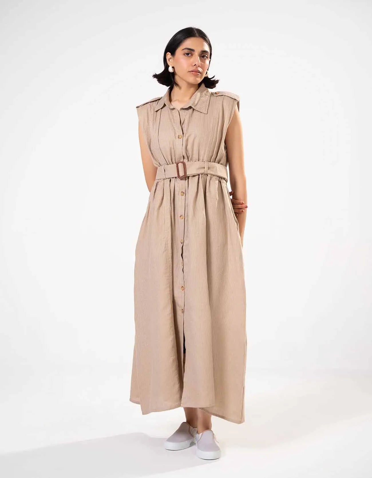 TEXTURED BUTTON DOWN DRESS