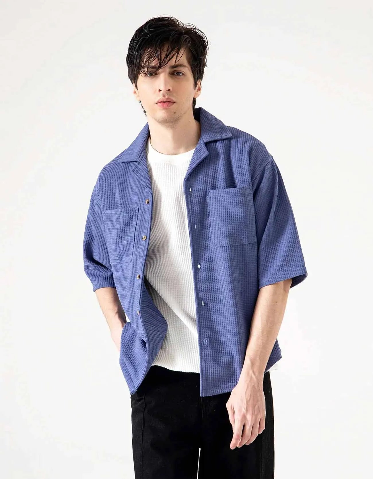 CAMP COLLAR WAFFLE HALF SLEEVES SHIRT