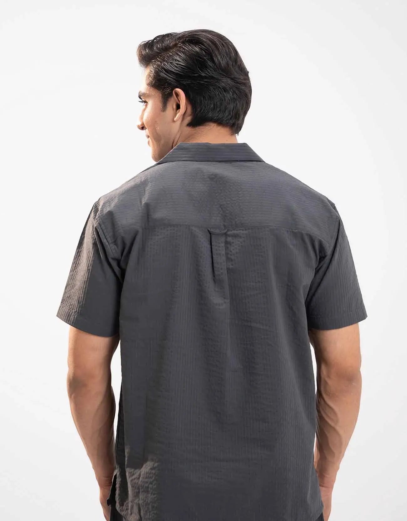 TEXTURED STRIPED CAMP COLLAR SHIRT