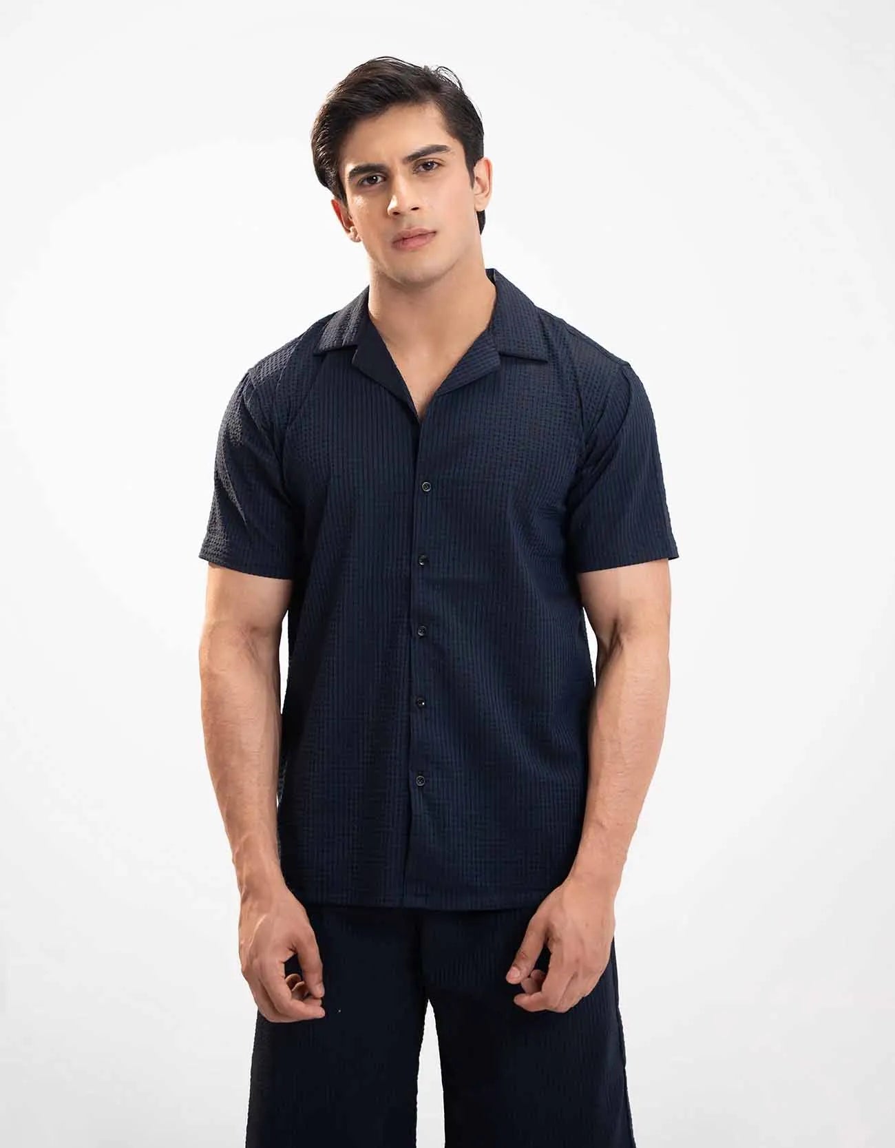 TEXTURED STRIPED CAMP COLLAR SHIRT