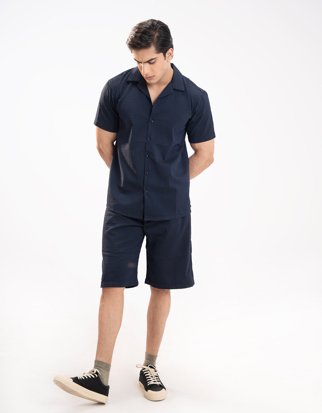 TEXTURED STRIPED-COTTON SHORTS