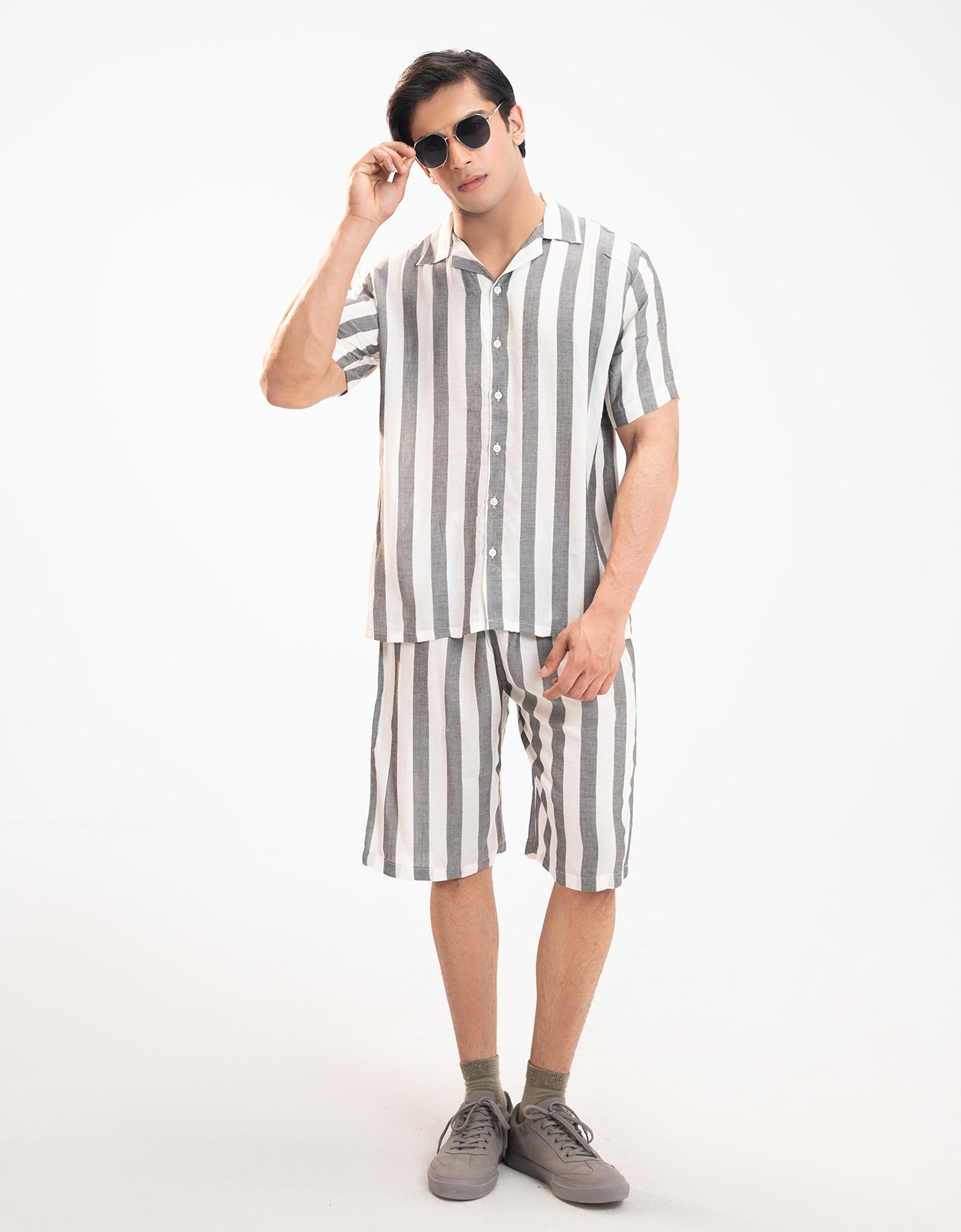 TEXTURED STRIPED-COTTON SHORTS