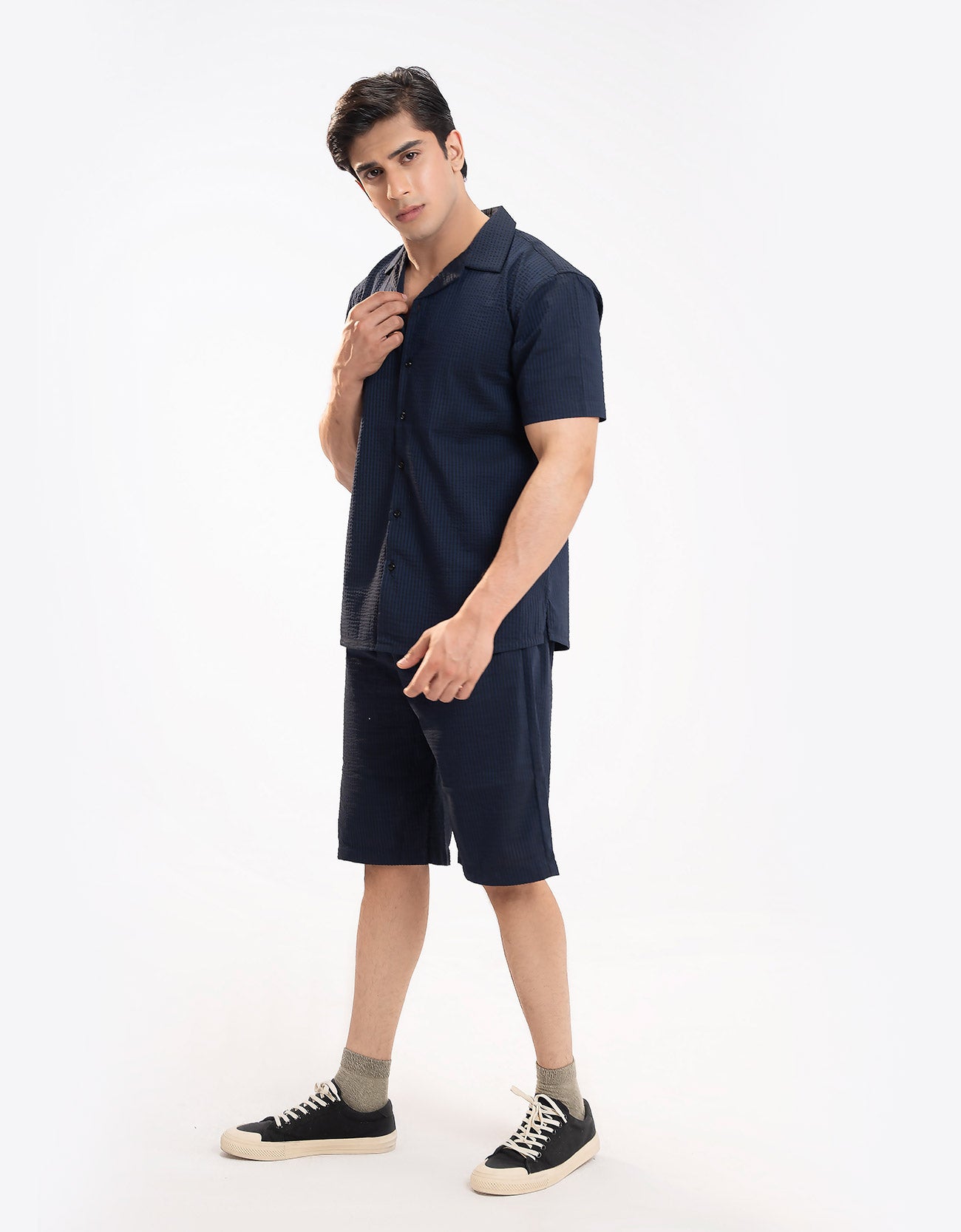 TEXTURED STRIPED CAMP COLLAR SHIRT