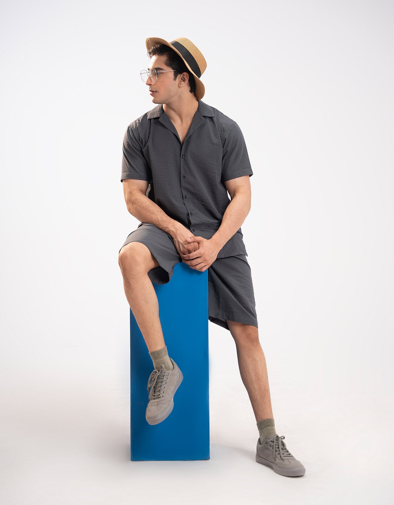 TEXTURED STRIPED-COTTON SHORTS