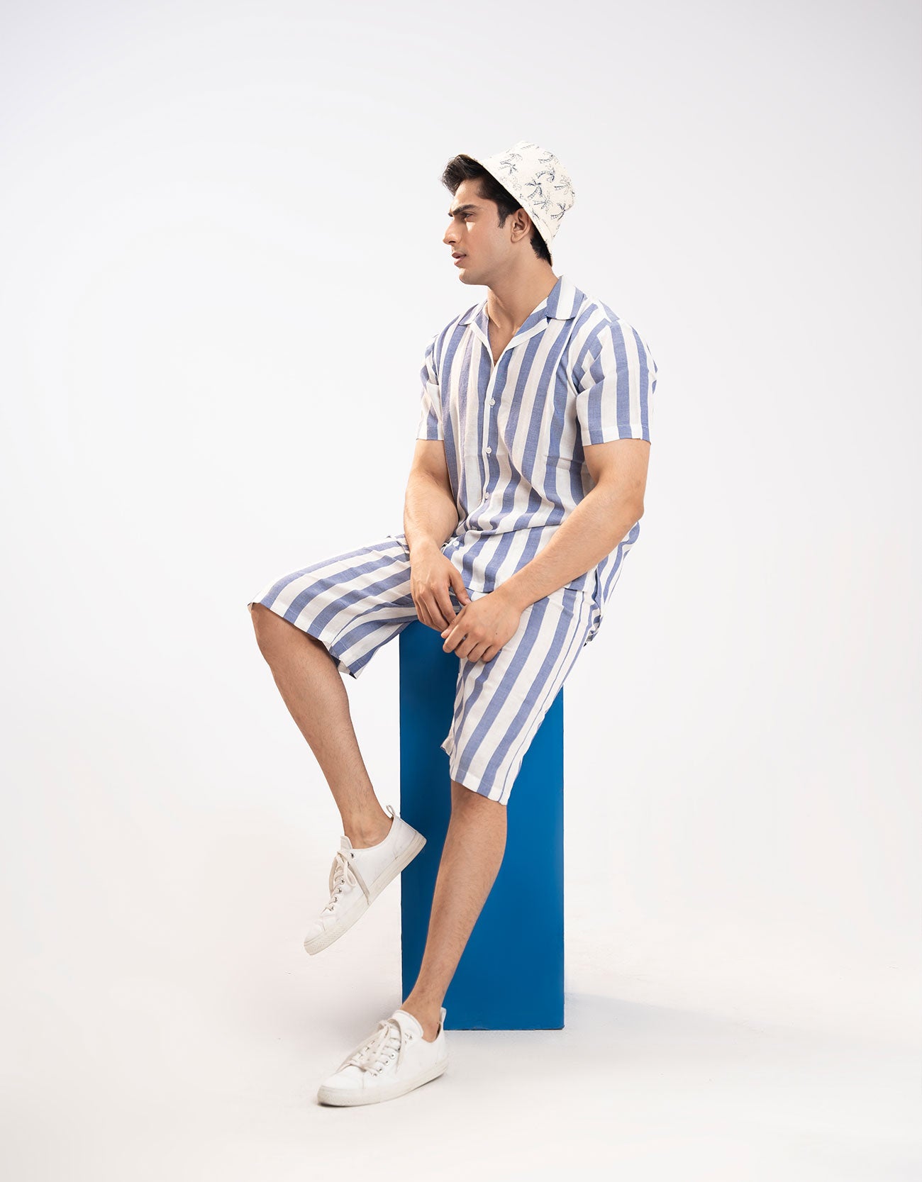 TEXTURED STRIPED-COTTON SHORTS