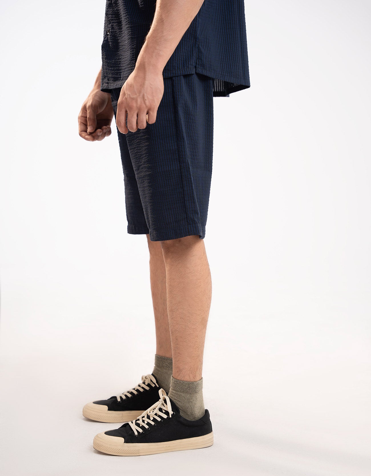 TEXTURED STRIPED-COTTON SHORTS