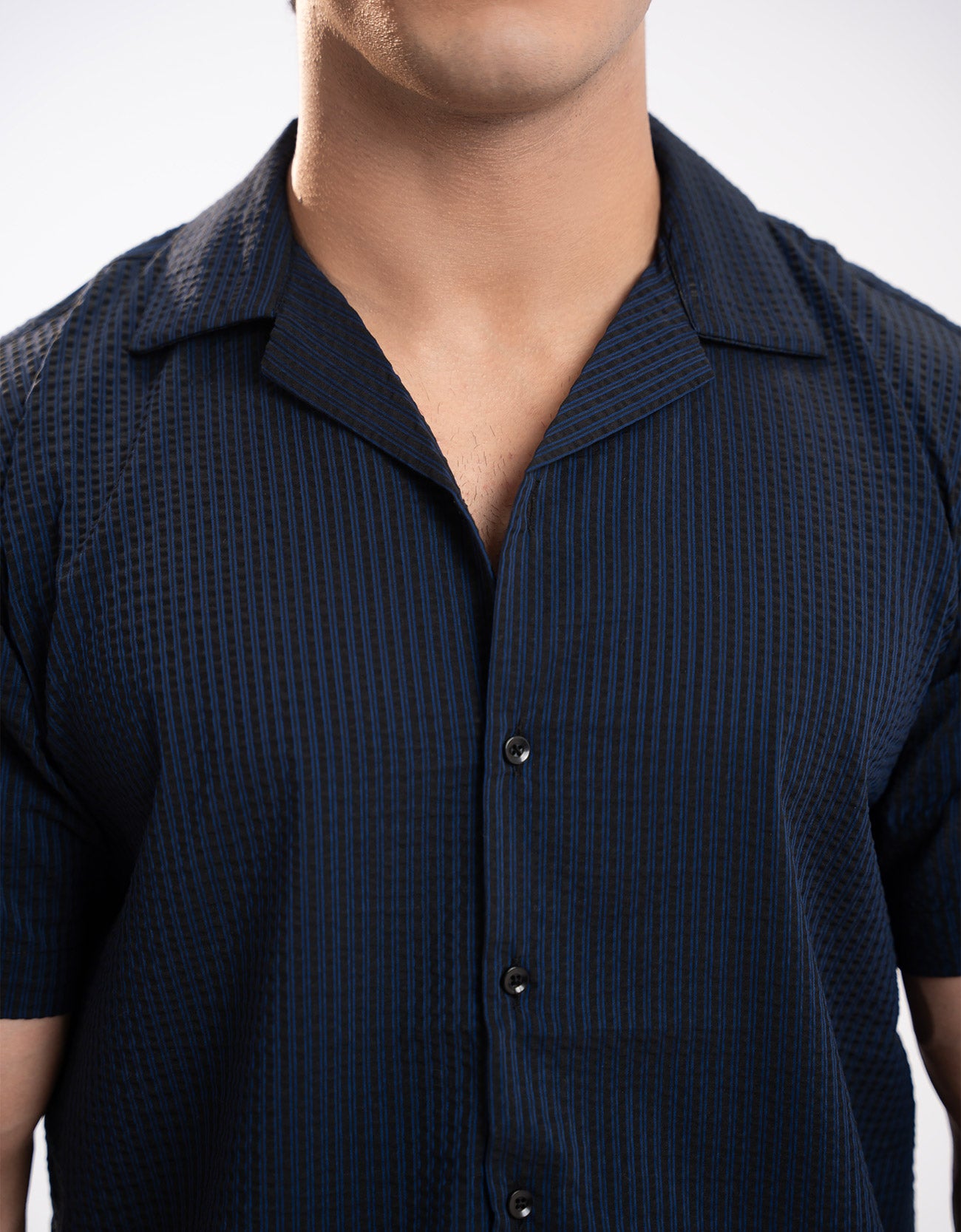 TEXTURED STRIPED CAMP COLLAR SHIRT