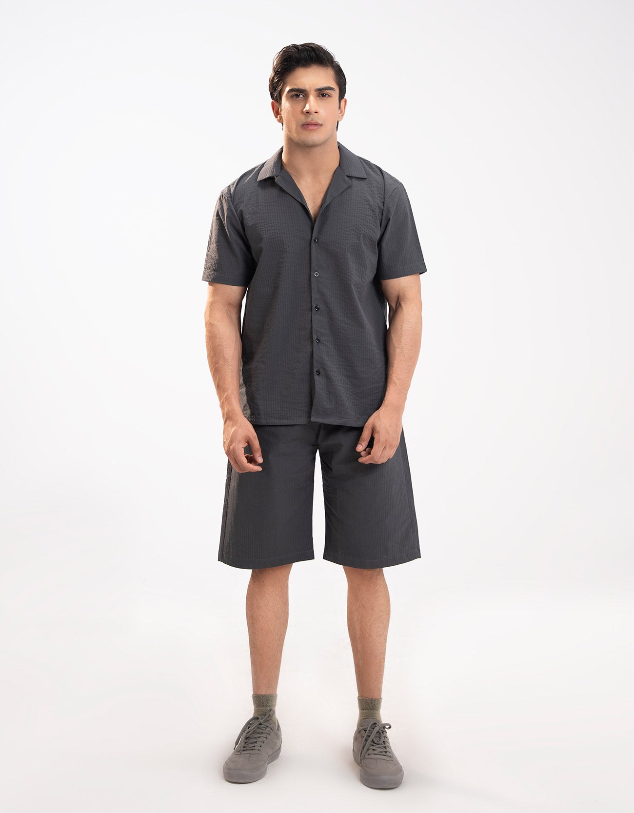 TEXTURED STRIPED CAMP COLLAR SHIRT