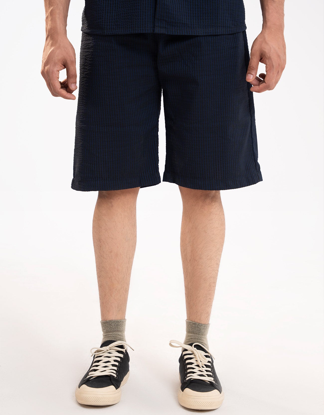 TEXTURED STRIPED-COTTON SHORTS