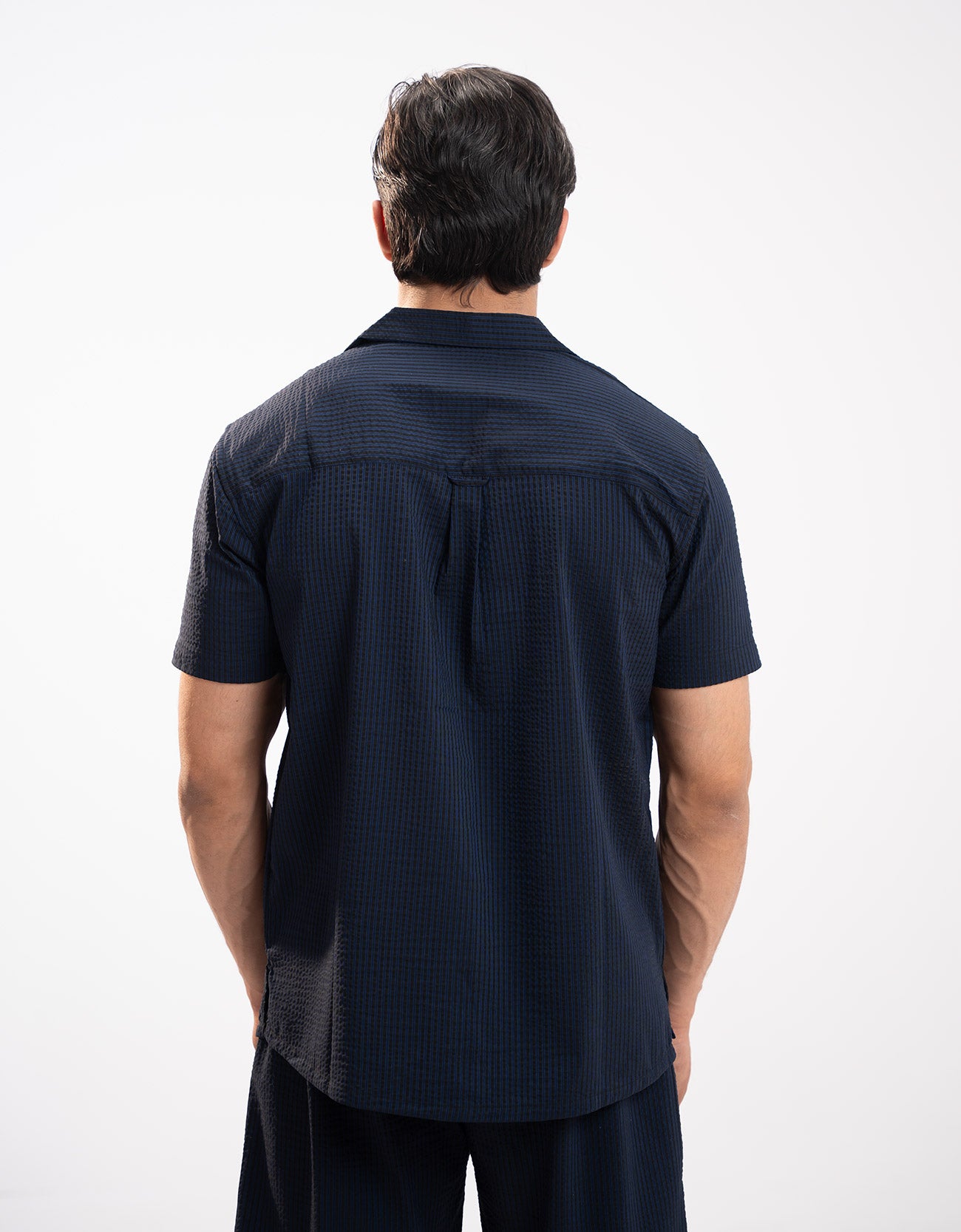 TEXTURED STRIPED CAMP COLLAR SHIRT