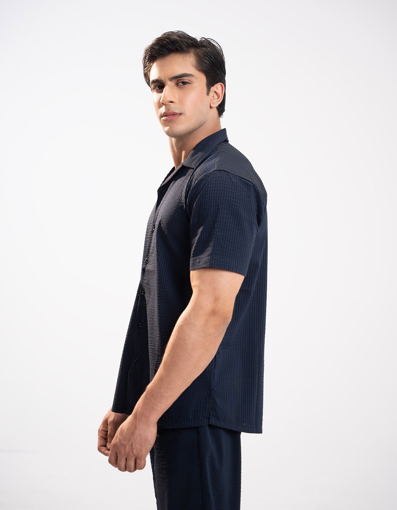 TEXTURED STRIPED CAMP COLLAR SHIRT