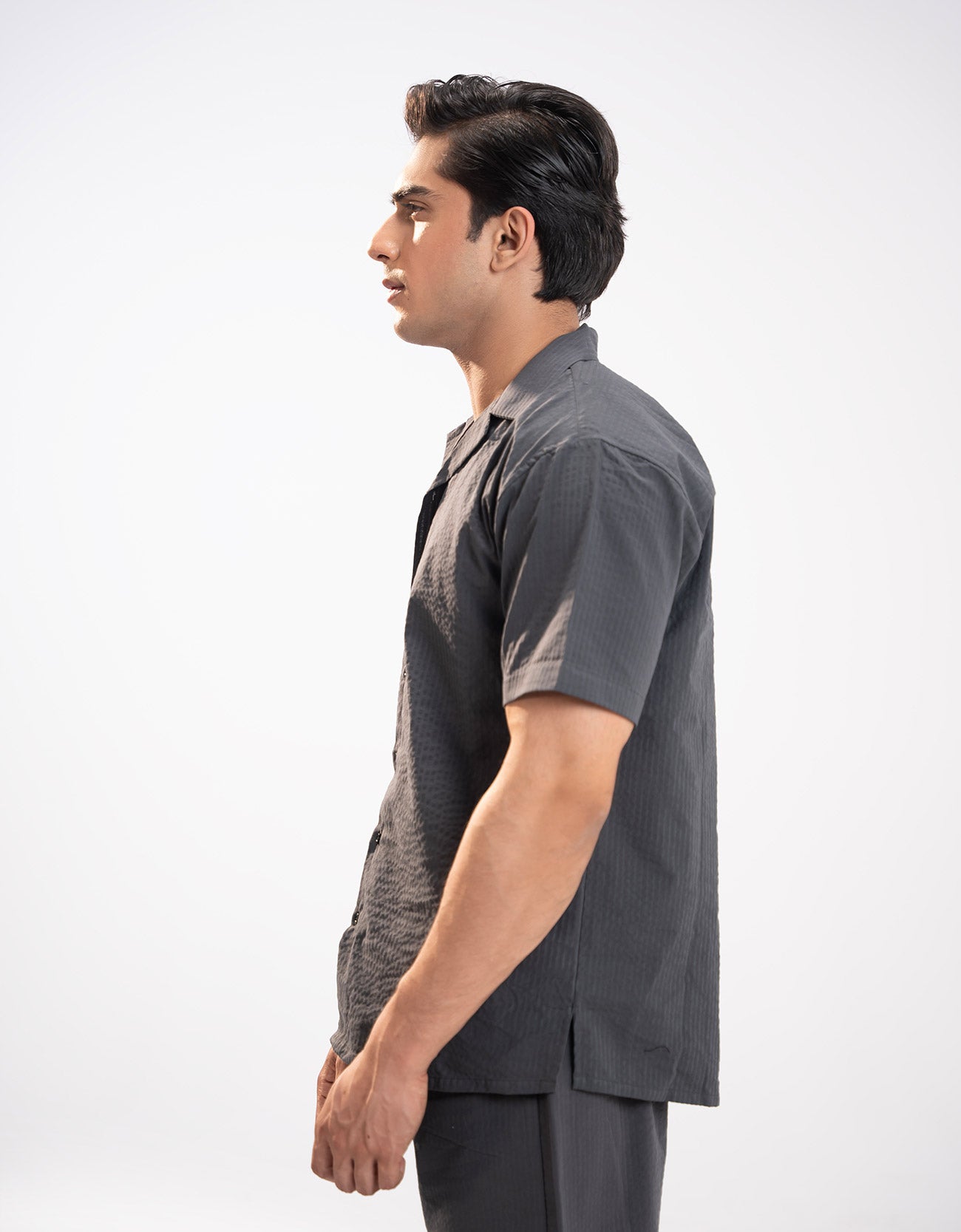 TEXTURED STRIPED CAMP COLLAR SHIRT