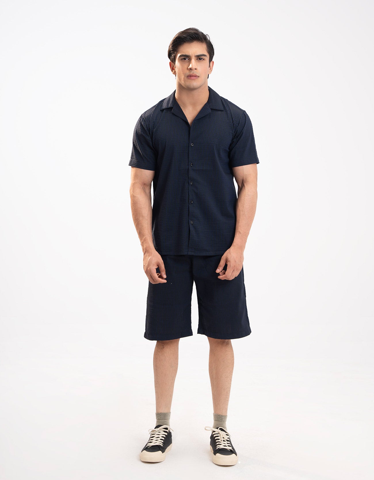 TEXTURED STRIPED CAMP COLLAR SHIRT