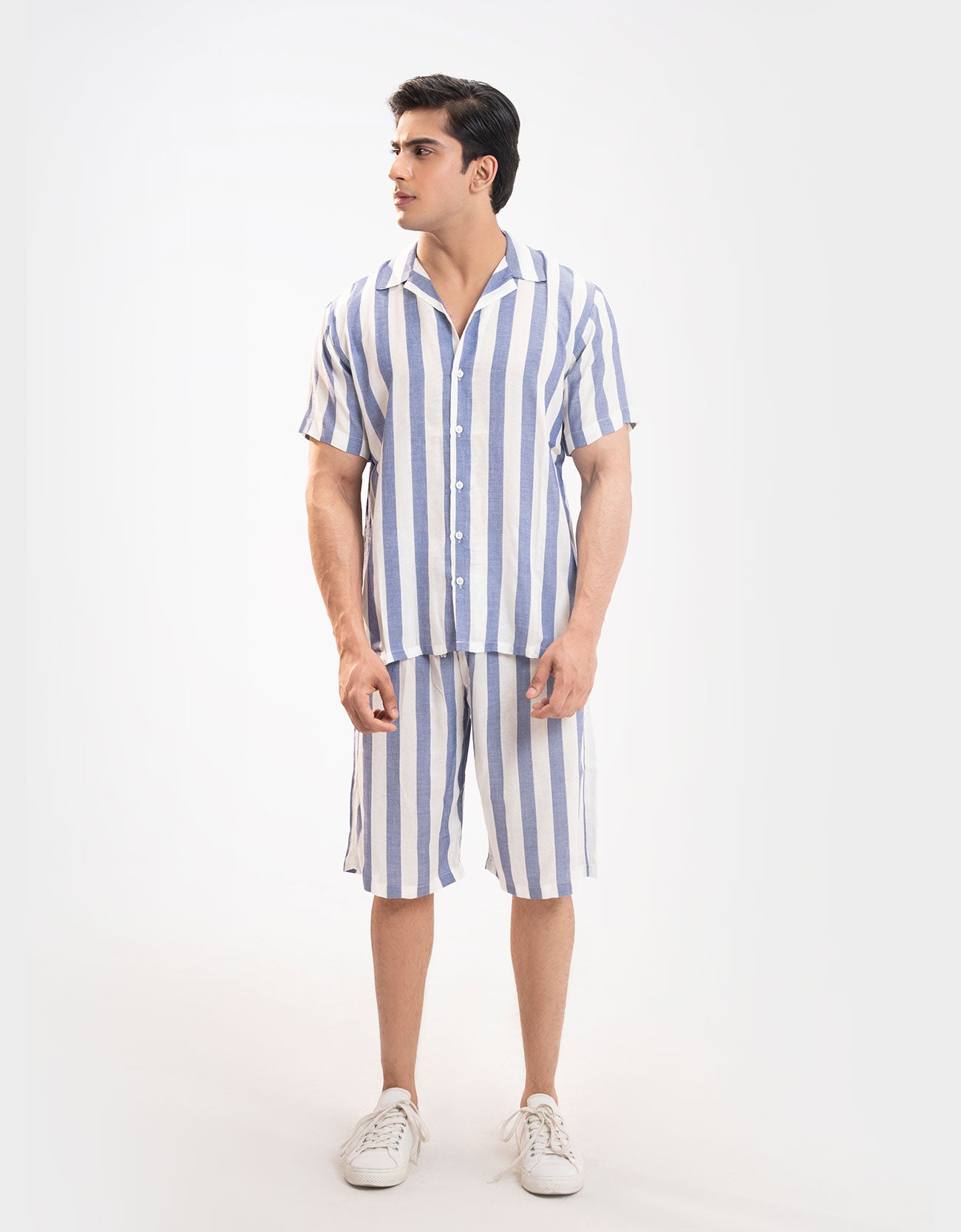 TEXTURED STRIPED-COTTON SHORTS