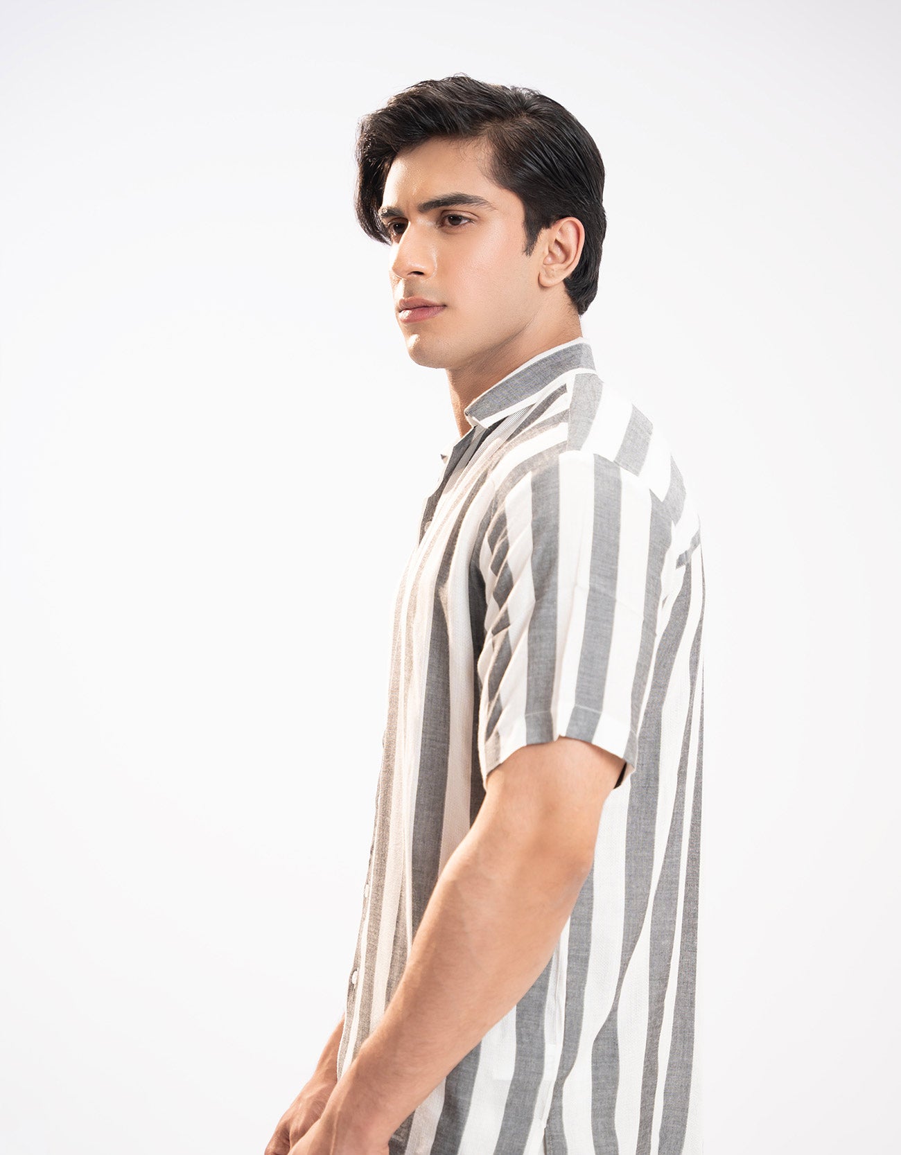 TEXTURED STRIPED CAMP COLLAR SHIRT
