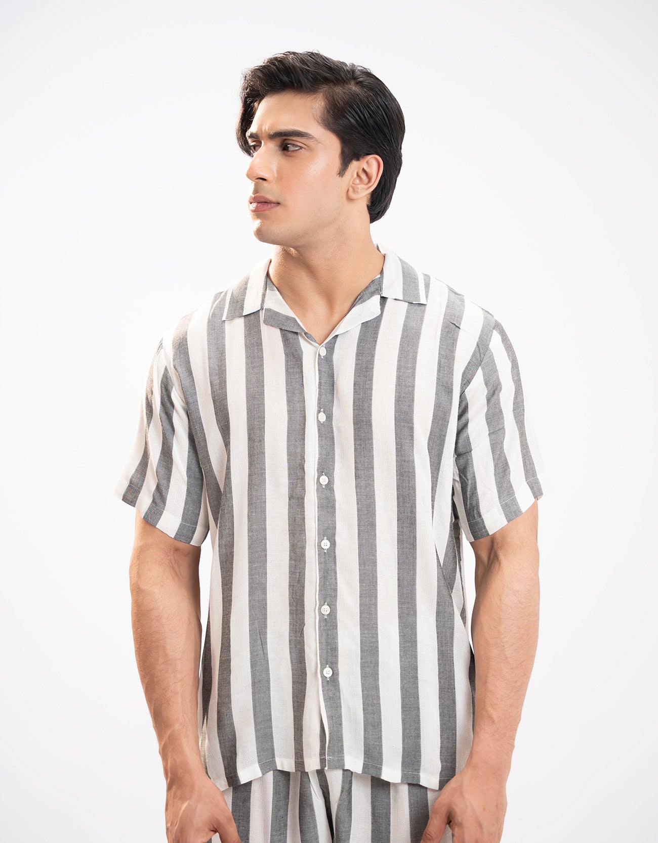 TEXTURED STRIPED CAMP COLLAR SHIRT