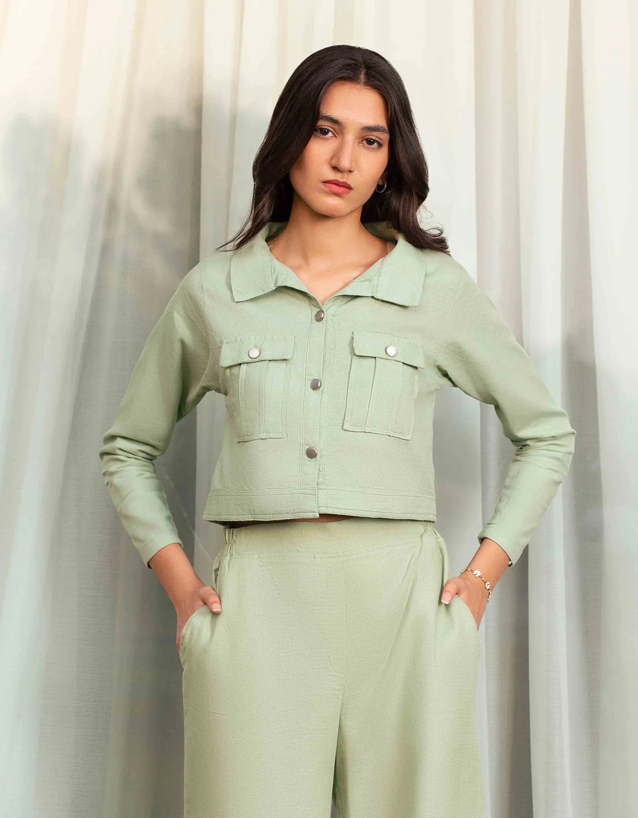 JACQUARD CROPPED SHIRT WITH FLAP POCKETS