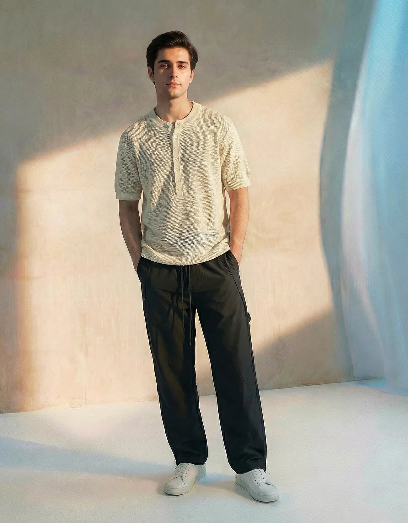 KNITTED QUARTER-BUTTON CREW NECK