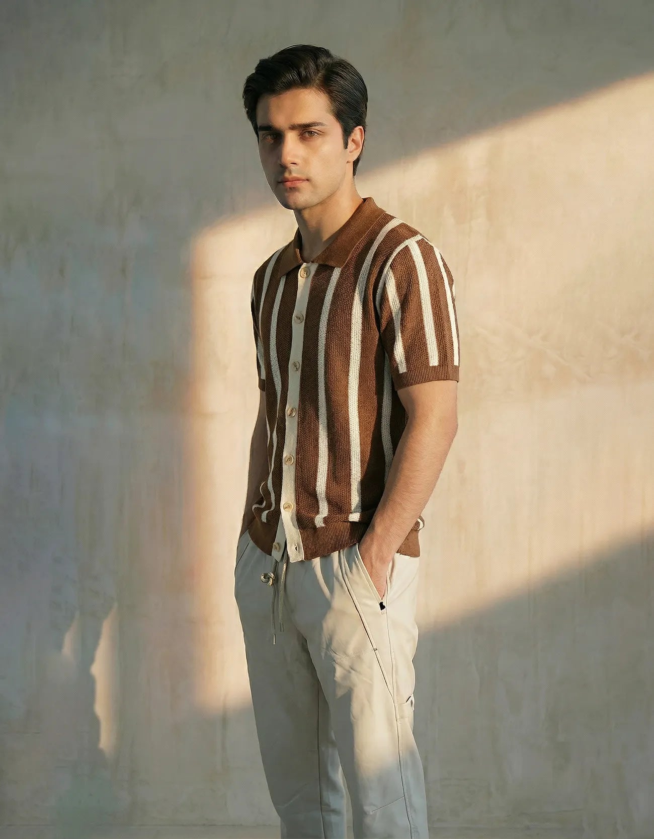 STRIPPED KNITTED CAMP COLLAR SHIRT