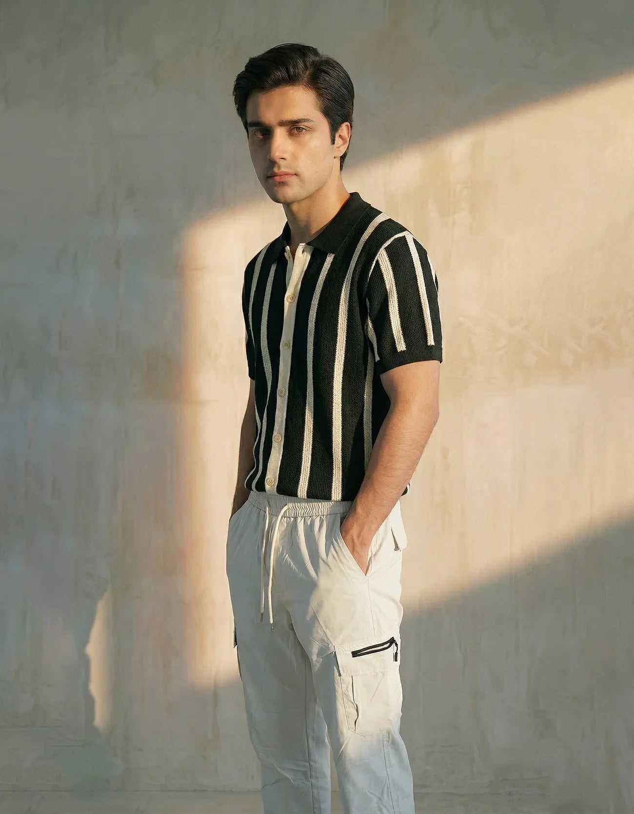 STRIPPED KNITTED CAMP COLLAR SHIRT