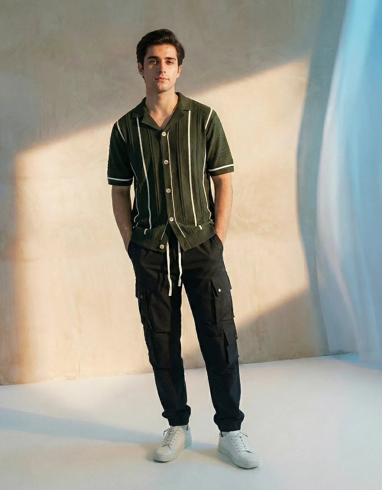 RIBBED TEXTURED CAMP COLLAR SHIRT