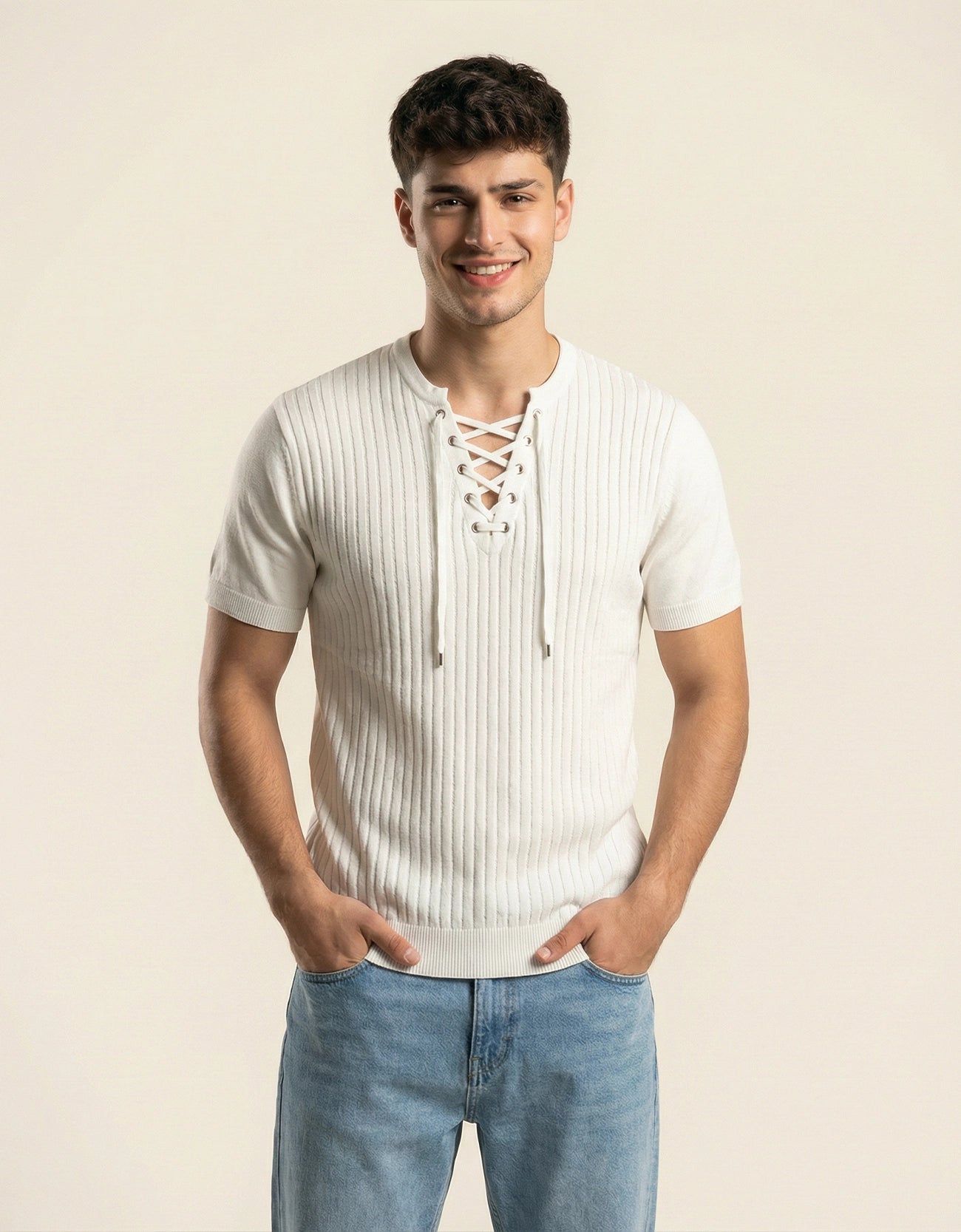 KNITTED LACE-UP SHIRT