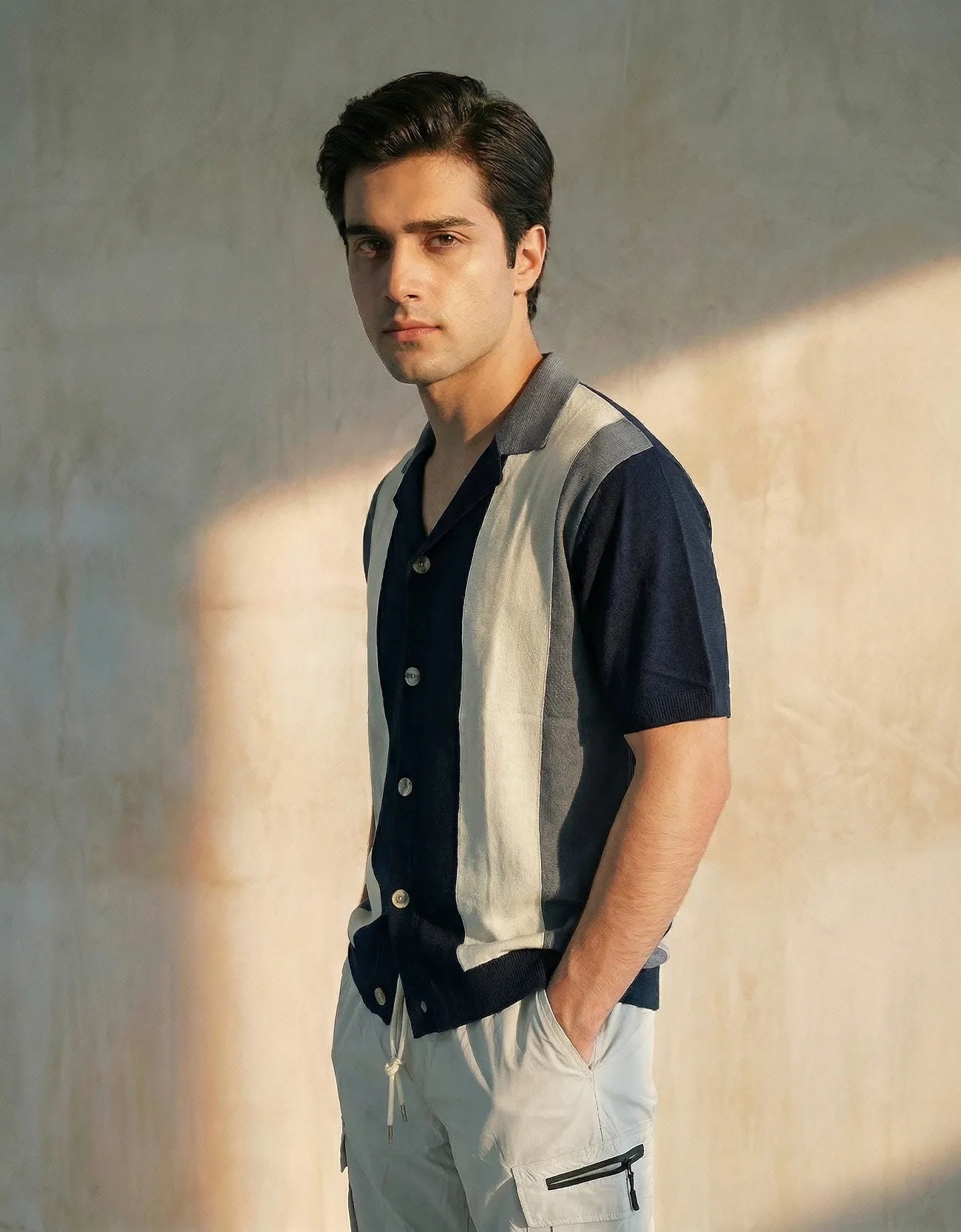 Knitted Textured Camp Collar Shirt