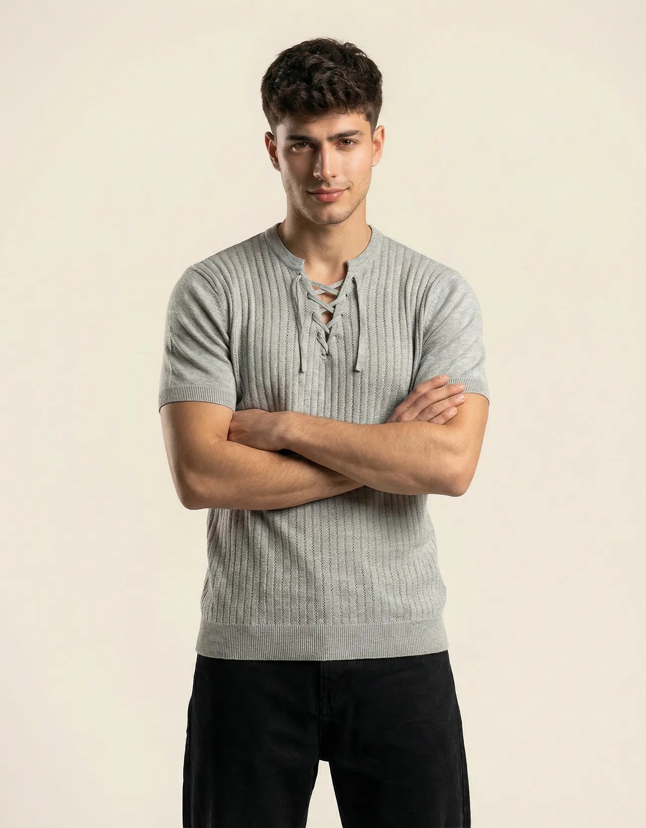 KNITTED LACE-UP SHIRT