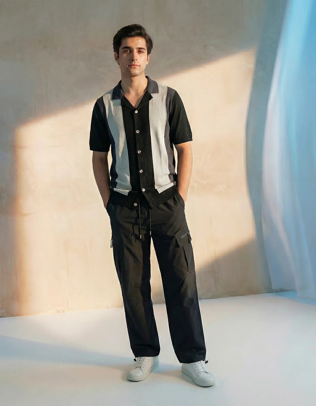 Knitted Textured Camp Collar Shirt