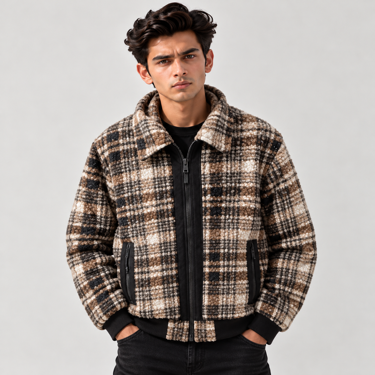 HERITAGE CHECK AVIATOR JACKET - Brown