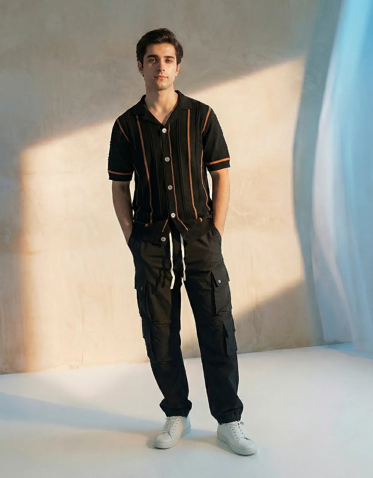 RIBBED TEXTURED CAMP COLLAR SHIRT