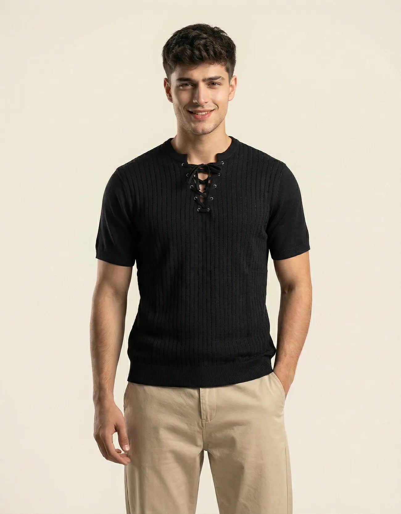 KNITTED LACE-UP SHIRT