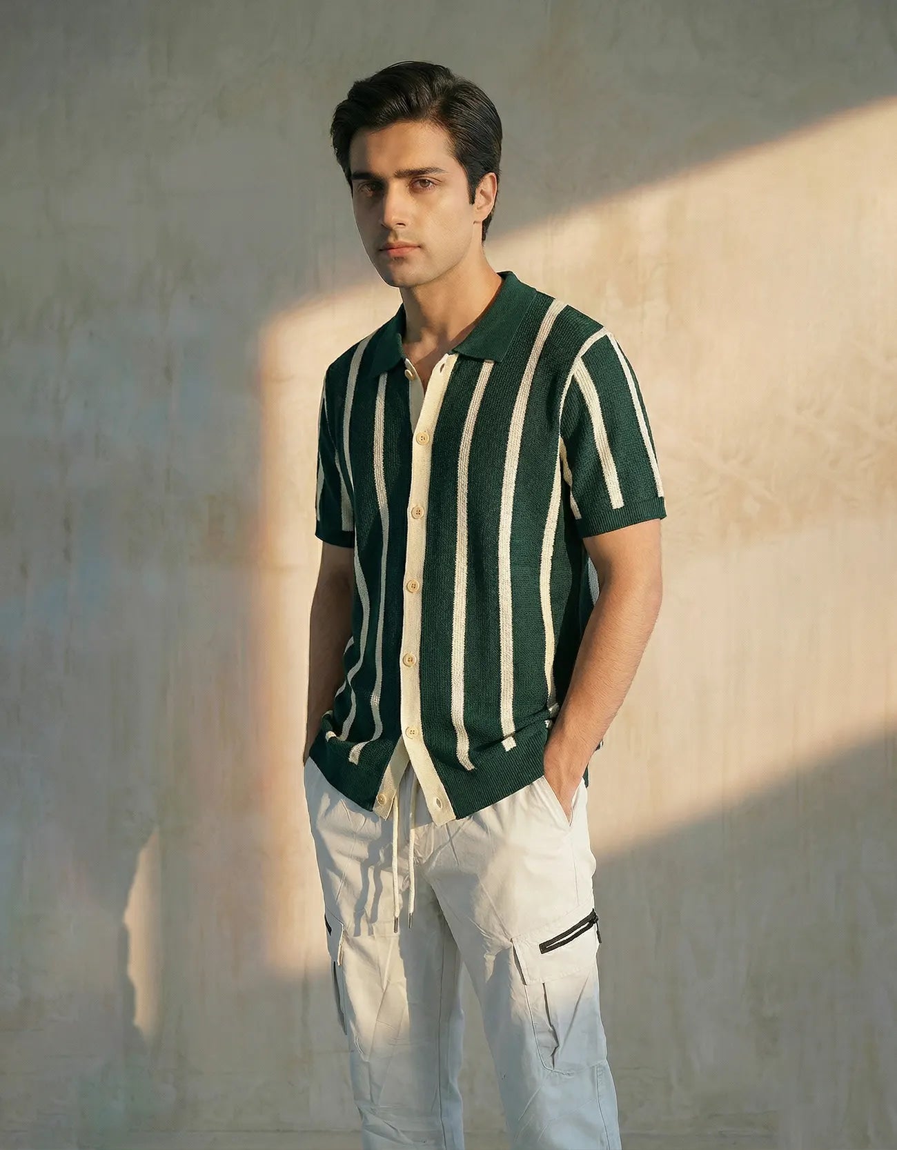 STRIPPED KNITTED CAMP COLLAR SHIRT