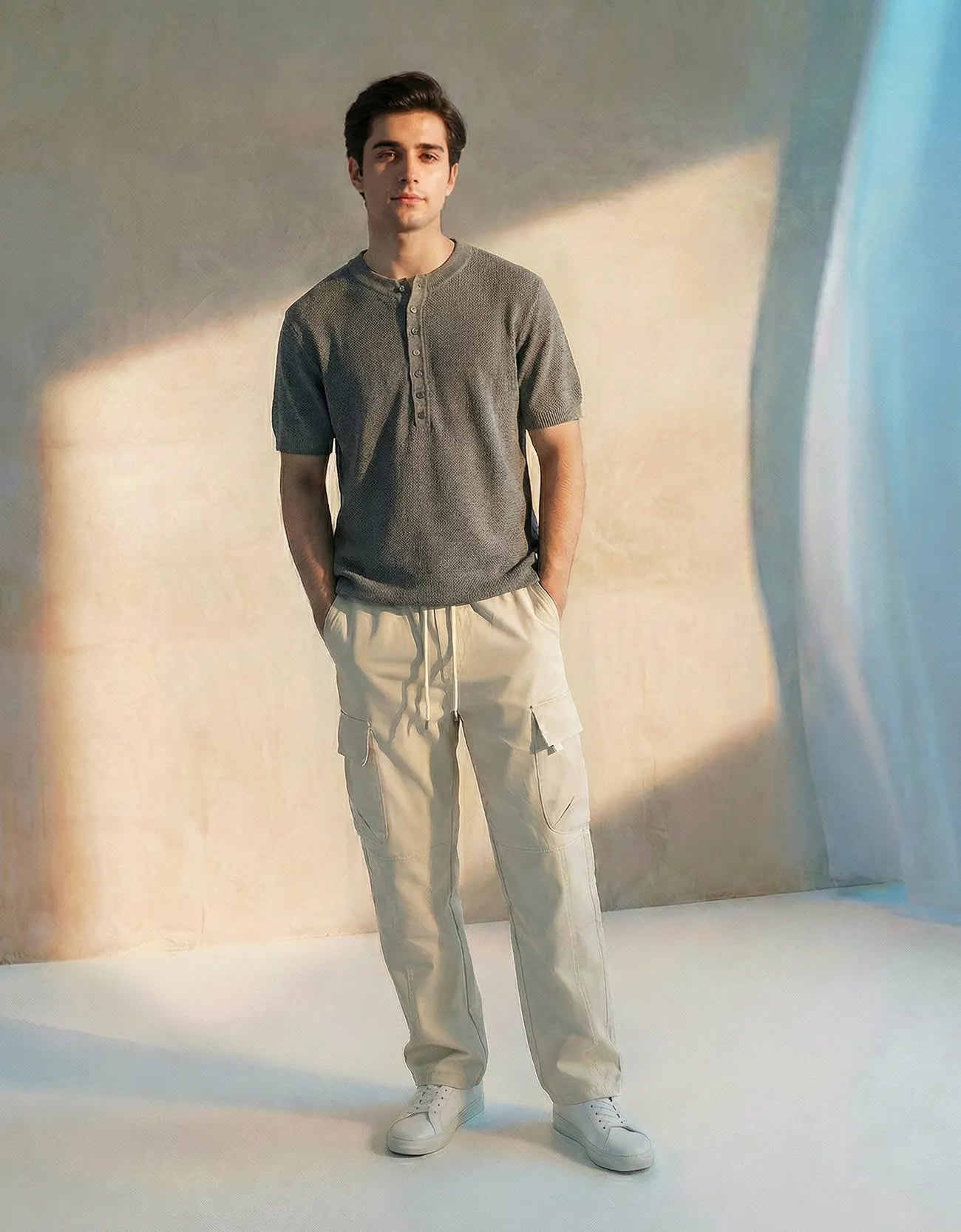 KNITTED QUARTER-BUTTON CREW NECK