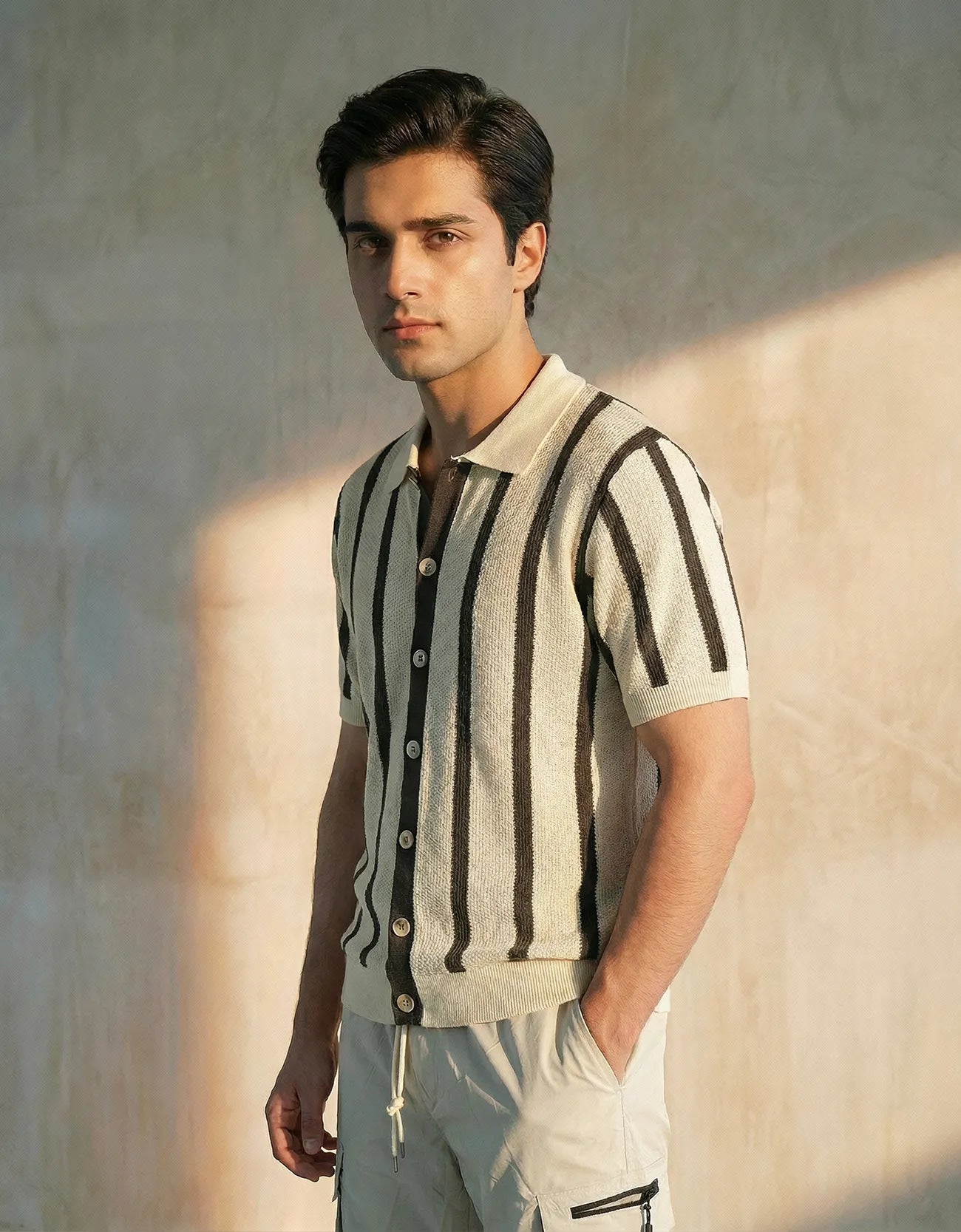 STRIPPED KNITTED CAMP COLLAR SHIRT