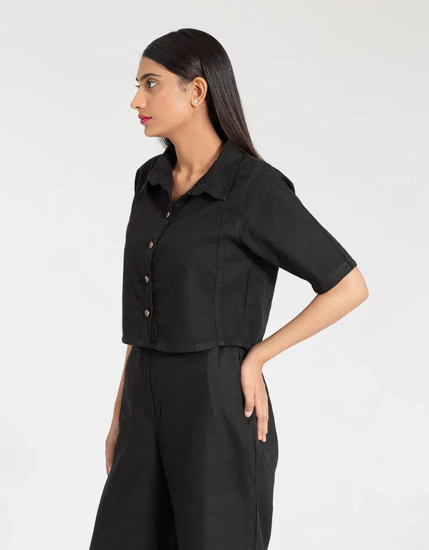 JACQUARD PANELED CROPPED SHIRT