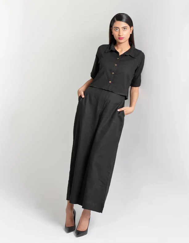 JACQUARD PANELED CROPPED SHIRT