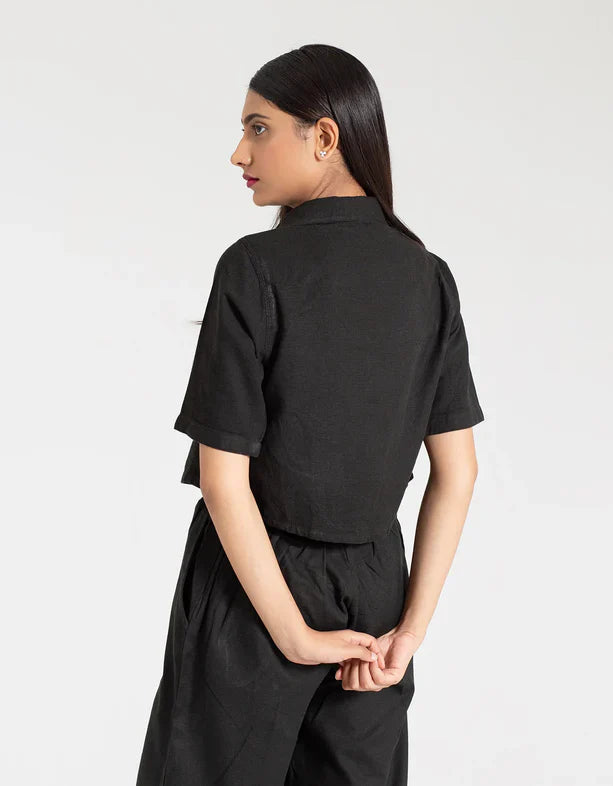 JACQUARD PANELED CROPPED SHIRT