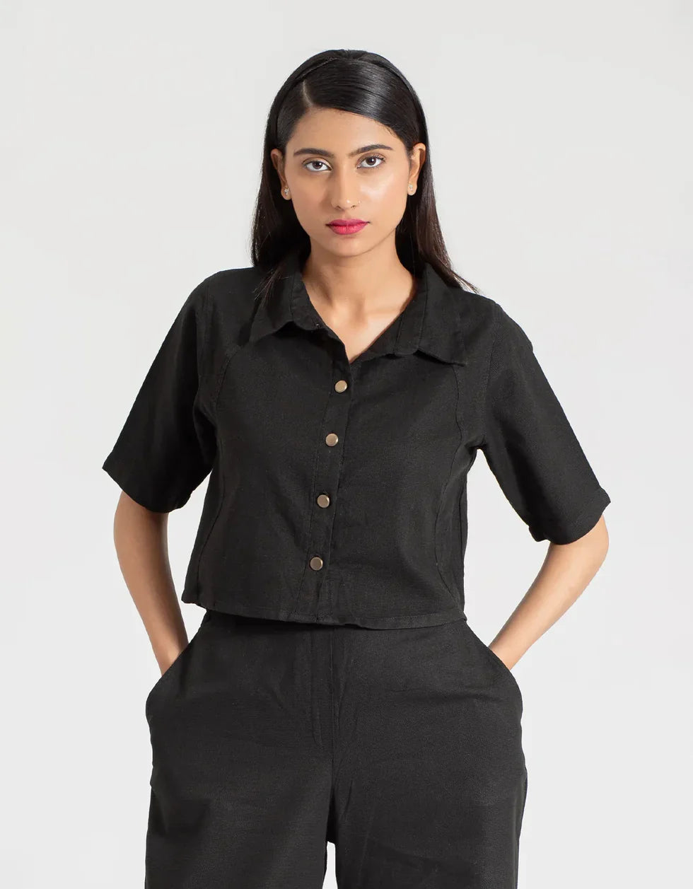JACQUARD PANELED CROPPED SHIRT