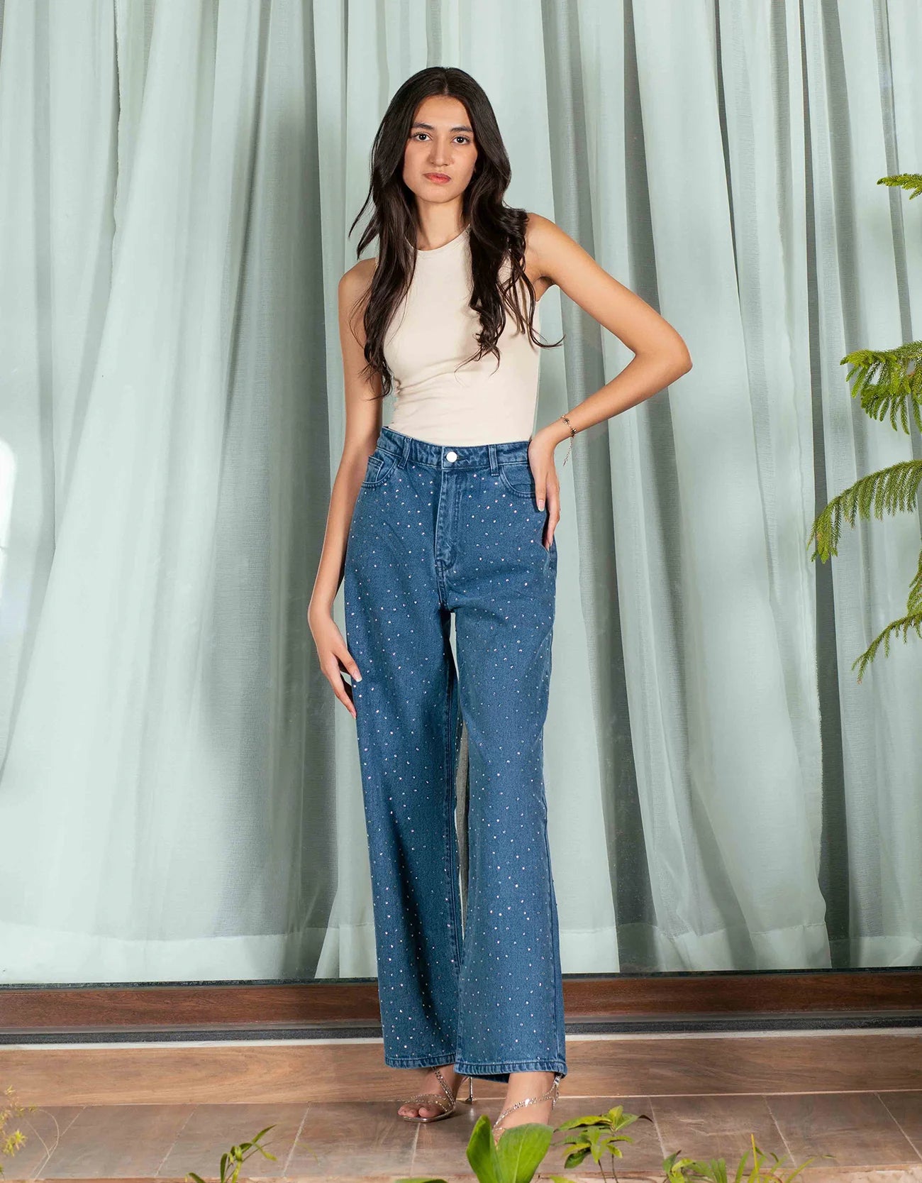 RHINESTONE WIDE LEG JEANS