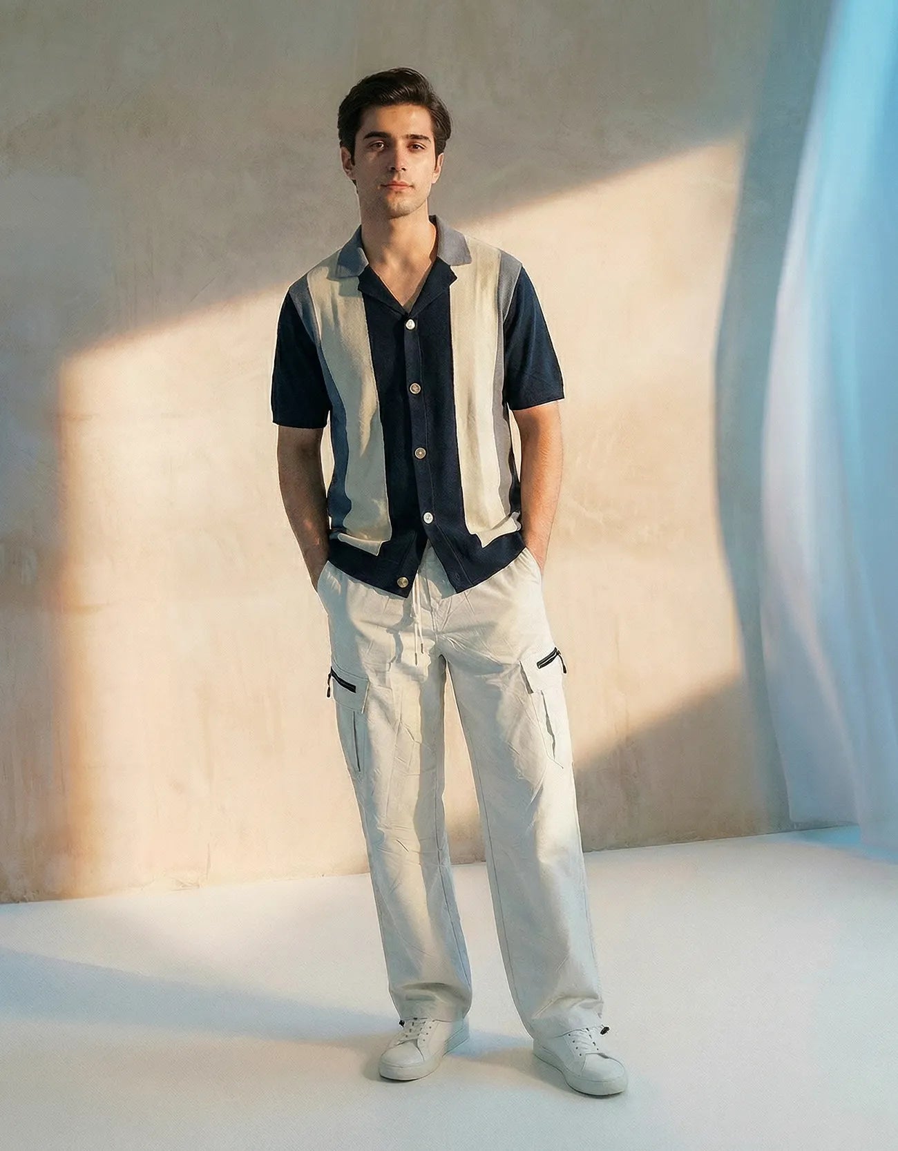 Knitted Textured Camp Collar Shirt